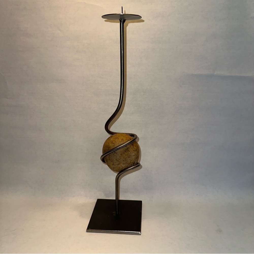 Modern 15" Metal Spiral Candle Holder with Brown Stone Accent - Home Art